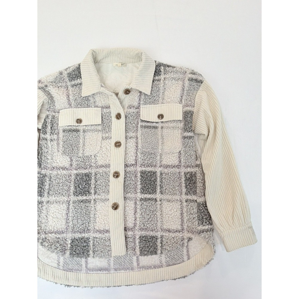Jacket Womens Medium Plaid Sherpa Fleece Shacket Oversized Cozy Layered preppy